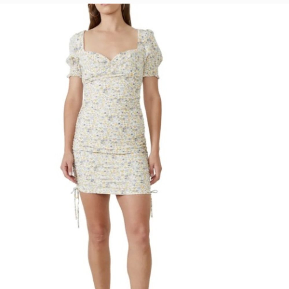Yellow floral print Bardot dress size L, sweetheart neckline, ruched